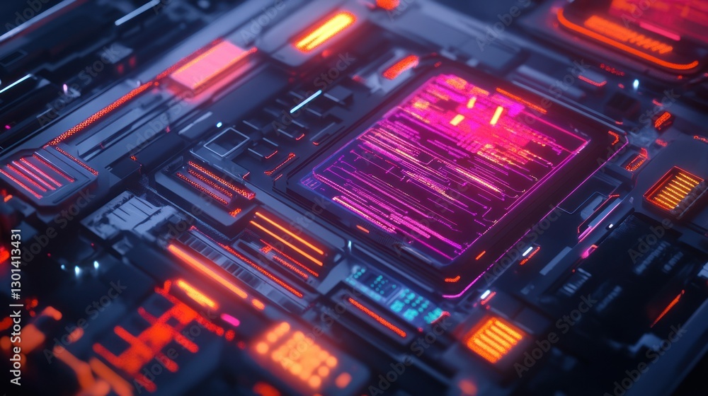 Obraz premium A neon lit detailed futuristic computer circuit board component
