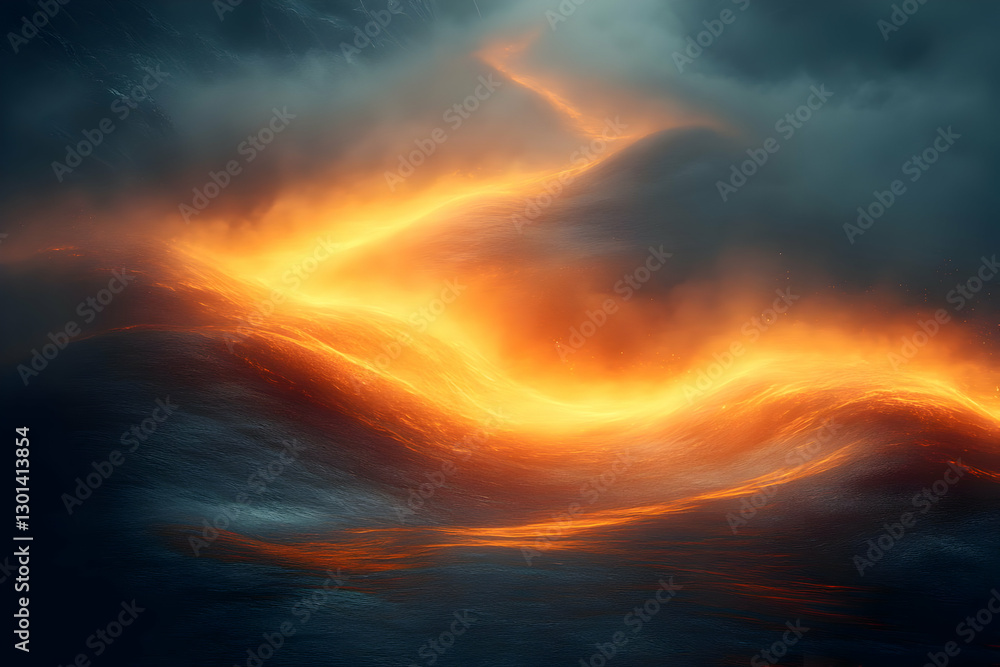 Fiery Lava Flow Over Dark Terrain At Night Fiery Lava Flow Over Dark Terrain At Night