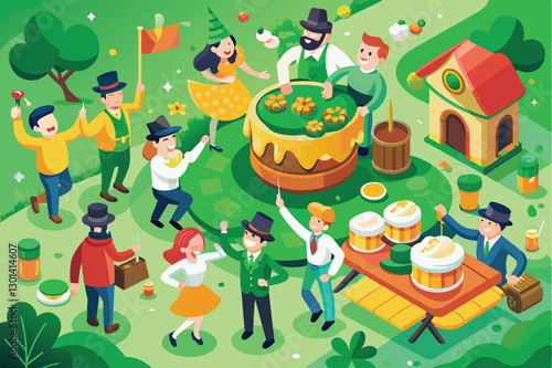 Friends and families gather outdoors, celebrating St. Patrick's Day with joy, music, and traditional activities, People celebrating st. patrick's day Customizable Flat Illustration