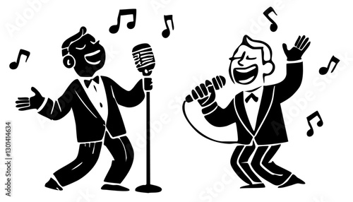 Hand drawn set singer silhouette. Cartoon singing man. Flat vector illustration of singers. Karaoke man.