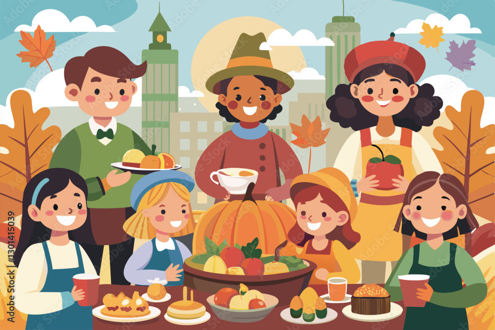 A joyful group enjoying Thanksgiving together, savoring a feast amidst colorful autumn decorations, People celebrating thanksgiving Customizable Cartoon Illustration A joyful group enjoying Thanksgiving together, savoring a feast amidst colorful autumn decorations, People celebrating thanksgiving Customizable Cartoon Illustration