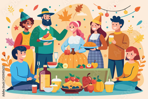 Friends gather around a table full of food, enjoying Thanksgiving festivities with smiles and laughter, People celebrating thanksgiving Customizable Flat Illustration