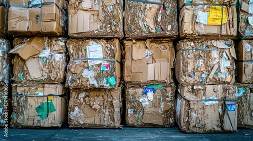 A stack of recycled cardboard and compressed paper bales