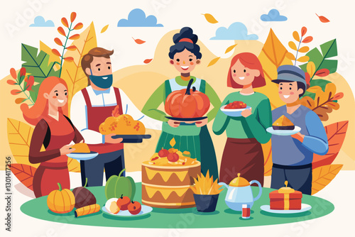 Friends gather to celebrate Thanksgiving with dishes, laughter, and a decorated truck in a colorful autumn backdrop, People celebrating thanksgiving Customizable Semi Flat Illustration