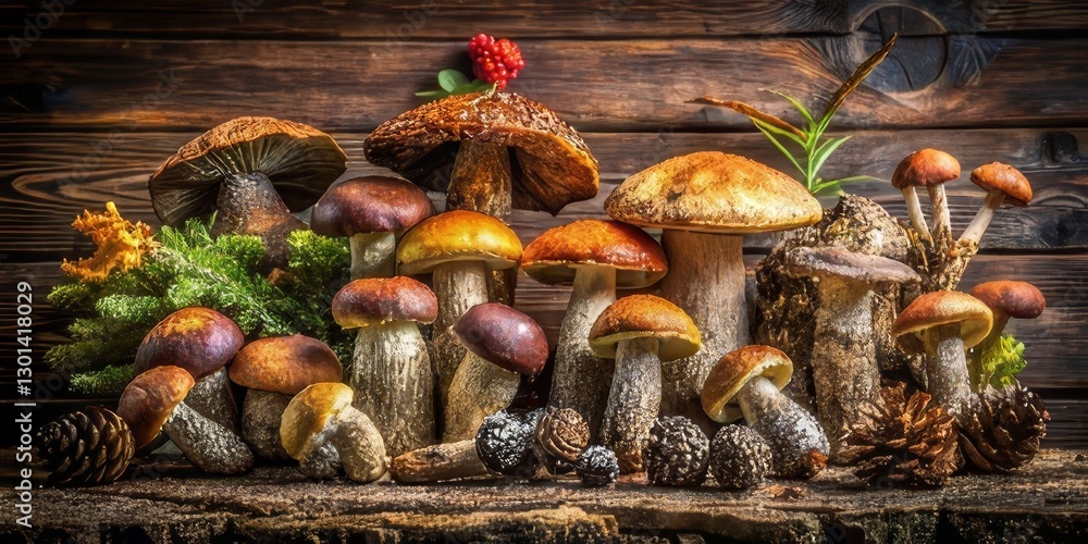 A Bountiful Harvest of Forest Fungi Displayed on Rustic Wooden Surface with Cones and Greenery A Bountiful Harvest of Forest Fungi Displayed on Rustic Wooden Surface with Cones and Greenery