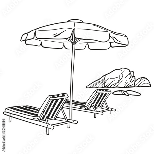 Hand drawn illustration of two beach loungers with sun umbrella. Black line art. Dolce vita doodle sketch graphic for t-shirt print.Italian Summer holiday, vacation or weekend by sea. 