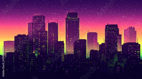 Wallpaper Mural A vibrant retro futuristic cityscape with glowing lights and starry sky Torontodigital.ca