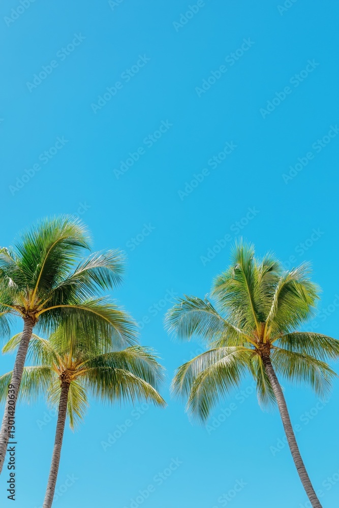 Two palm trees are standing tall in the blue sky. The sky is clear and bright, and the palm trees are lush and green. Concept of relaxation and tranquility, as if one were on a tropical vacation Two palm trees are standing tall in the blue sky. The sky is clear and bright, and the palm trees are lush and green. Concept of relaxation and tranquility, as if one were on a tropical vacation