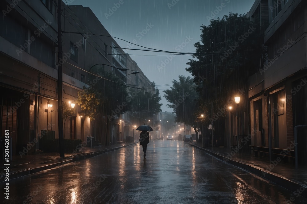 Naklejka premium Rainy evening stroll through a quiet urban street
