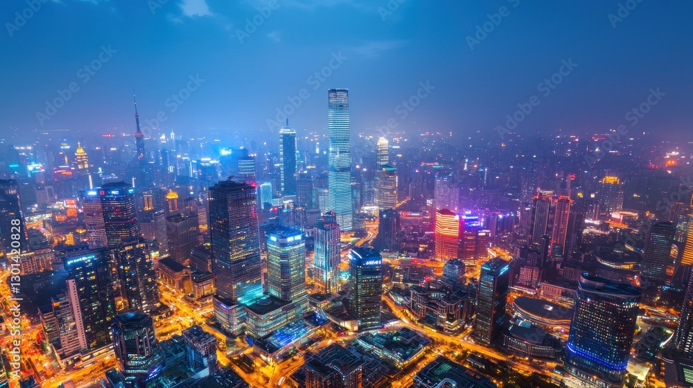 Fototapeta premium Shanghai Skyline at Night: A Panoramic View of Modern China's Vibrant Metropolis
