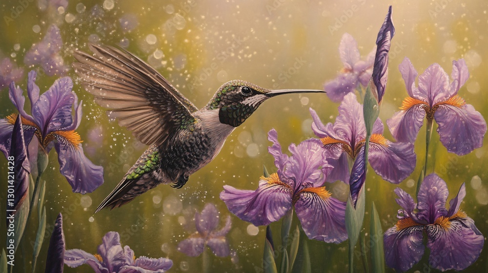 Fototapeta premium Graceful Anna's Hummingbird in Flight with Purple Irises for Botanical Background