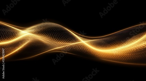 Glowing golden wave structure on a dark black background appears