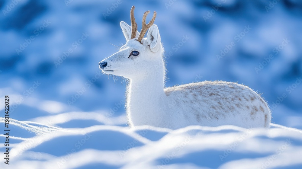 A beautiful white deer stands in a snowy winter landscape A beautiful white deer stands in a snowy winter landscape