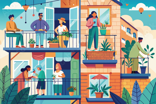 People enjoying leisure activities on balconies in a vibrant urban setting during sunny weather, People doing leisure activities on the balconies during coronavirus Customizable Flat Illustration