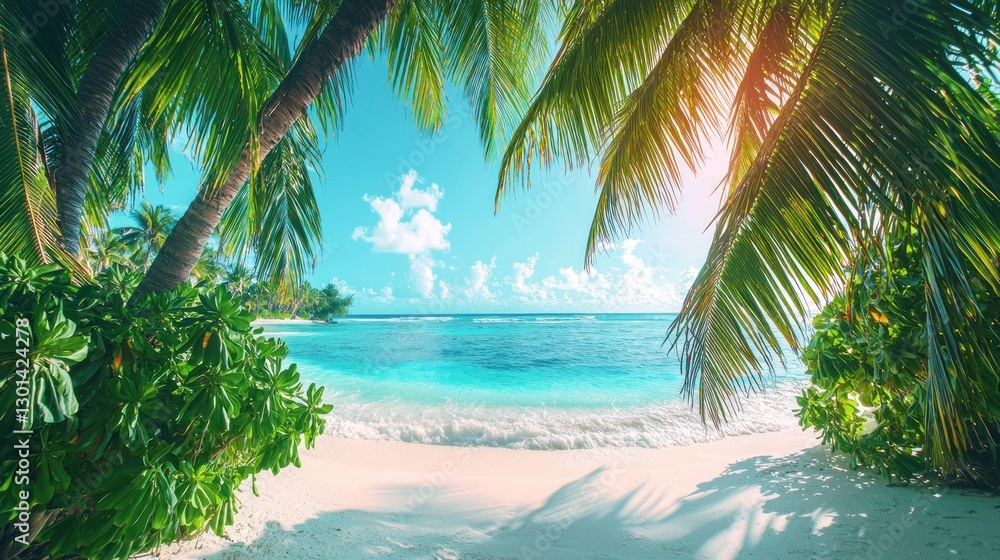 Fototapeta premium Tropical Paradise: Idyllic Beach Scene with Lush Palm Trees