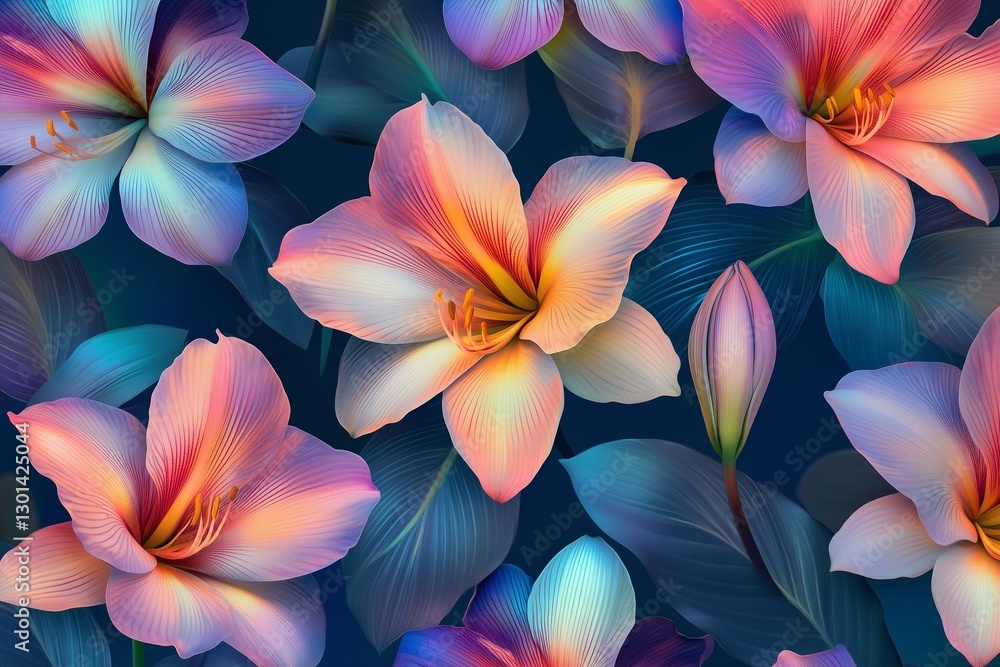 Vibrant glowing amaryllis flowers in seamless pattern on dark background, neon gradient colors Vibrant glowing amaryllis flowers in seamless pattern on dark background, neon gradient colors