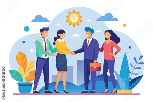 Four business people shake hands and discuss collaboration while surrounded by a vibrant landscape, people enter into agreements for business cooperation