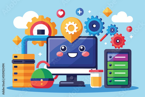 A cheerful cartoon graphic shows a customizable operating system upgrade with gears and a smiling computer, Operating system upgrade Customizable Cartoon Illustration