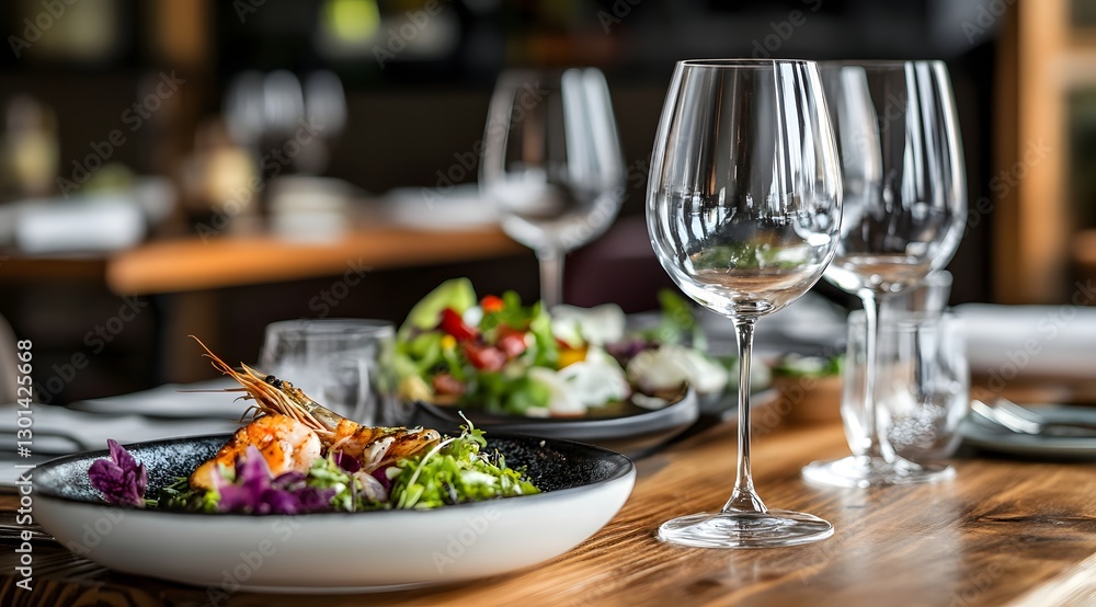 Table with a plate of food and wine glasses. The table is set for a meal and the atmosphere is elegant and sophisticated Table with a plate of food and wine glasses. The table is set for a meal and the atmosphere is elegant and sophisticated