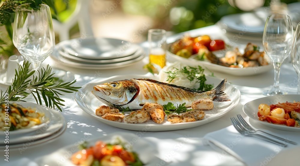 Table with a variety of food, including a fish dish, and a wine glass. Scene is inviting and celebratory Table with a variety of food, including a fish dish, and a wine glass. Scene is inviting and celebratory