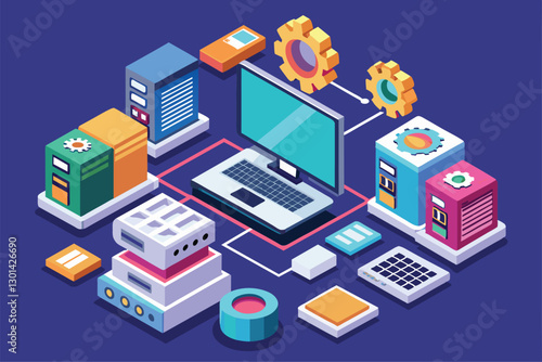 The graphic illustrates various hardware components surrounding a laptop in a colorful, isometric design, Operating system upgrade Customizable Isometric Illustration