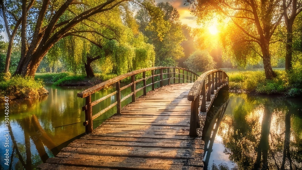 Serene Sunset Stroll Across a Wooden Bridge Spanning a Tranquil Pond in a Lush Green Park Serene Sunset Stroll Across a Wooden Bridge Spanning a Tranquil Pond in a Lush Green Park