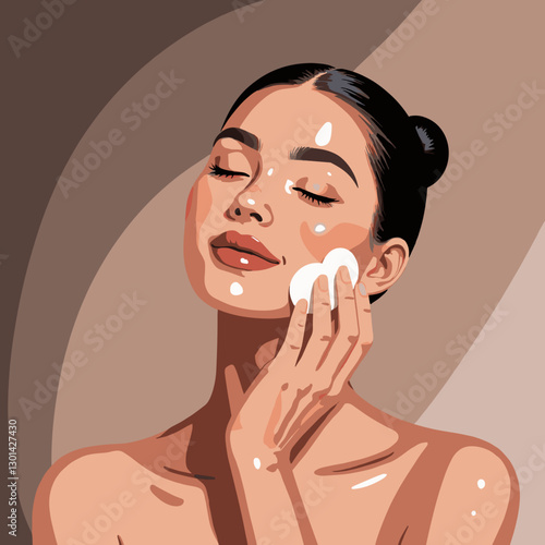 Young woman enjoys a skincare routine using a cotton pad
