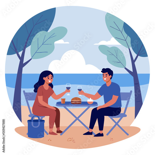 Friends celebrate with drinks and a meal by the beachside