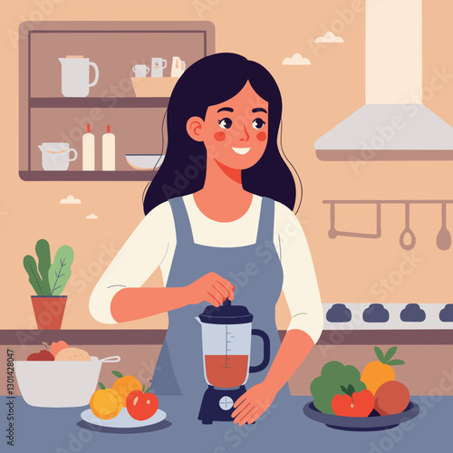 A woman prepares a smoothie using fresh ingredients in her kitchen