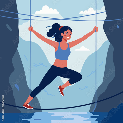 A woman balances elegantly on a tightrope over a river