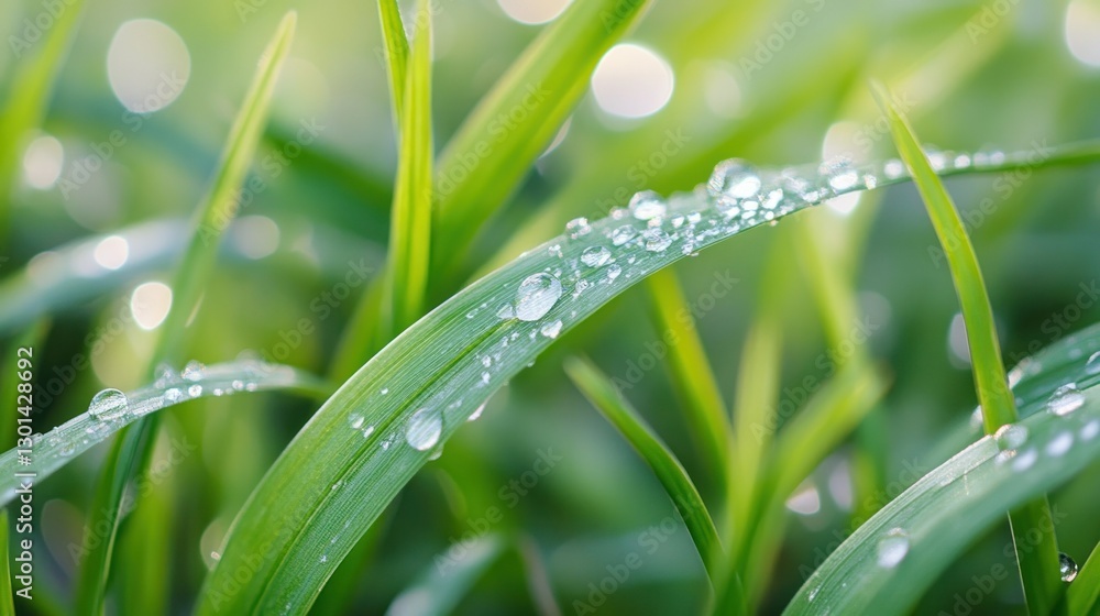 Dew Drops Rest Gently On Lush Green Blades Of Grass Dew Drops Rest Gently On Lush Green Blades Of Grass