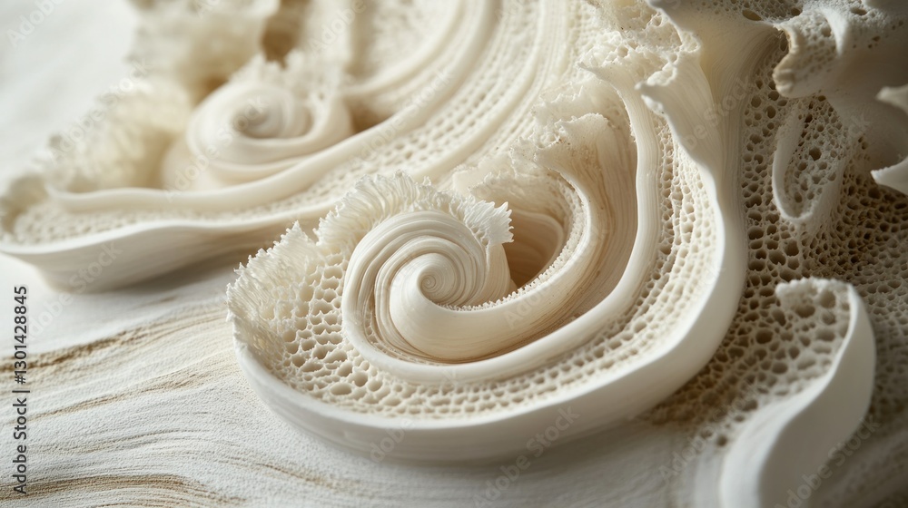Intricate sculpted cream white curves with porous details on display Intricate sculpted cream white curves with porous details on display