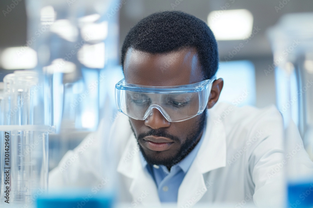 Scientist in safety glasses conducts an experiment in a modern chemical laboratory Scientist in safety glasses conducts an experiment in a modern chemical laboratory