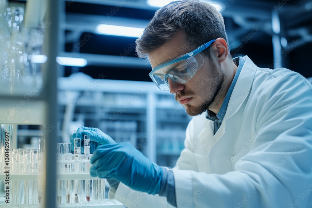 Scientist in safety glasses conducts an experiment in a modern chemical laboratory Scientist in safety glasses conducts an experiment in a modern chemical laboratory