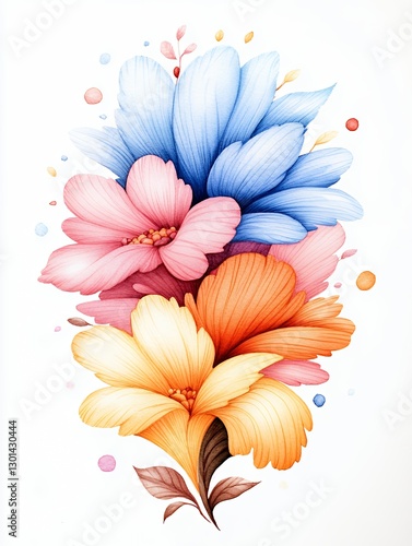 Pastel Watercolor Flower Bouquet on White Background