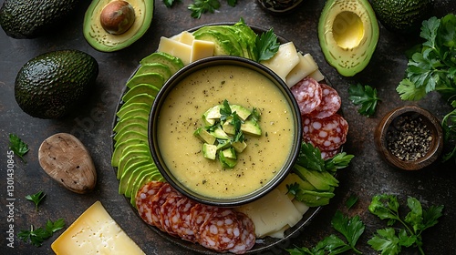Creamy Avocado Soup with Salami & Cheese