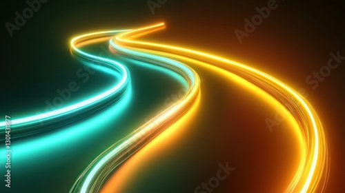 Curved luminous paths emitting colorful light on a dark background
