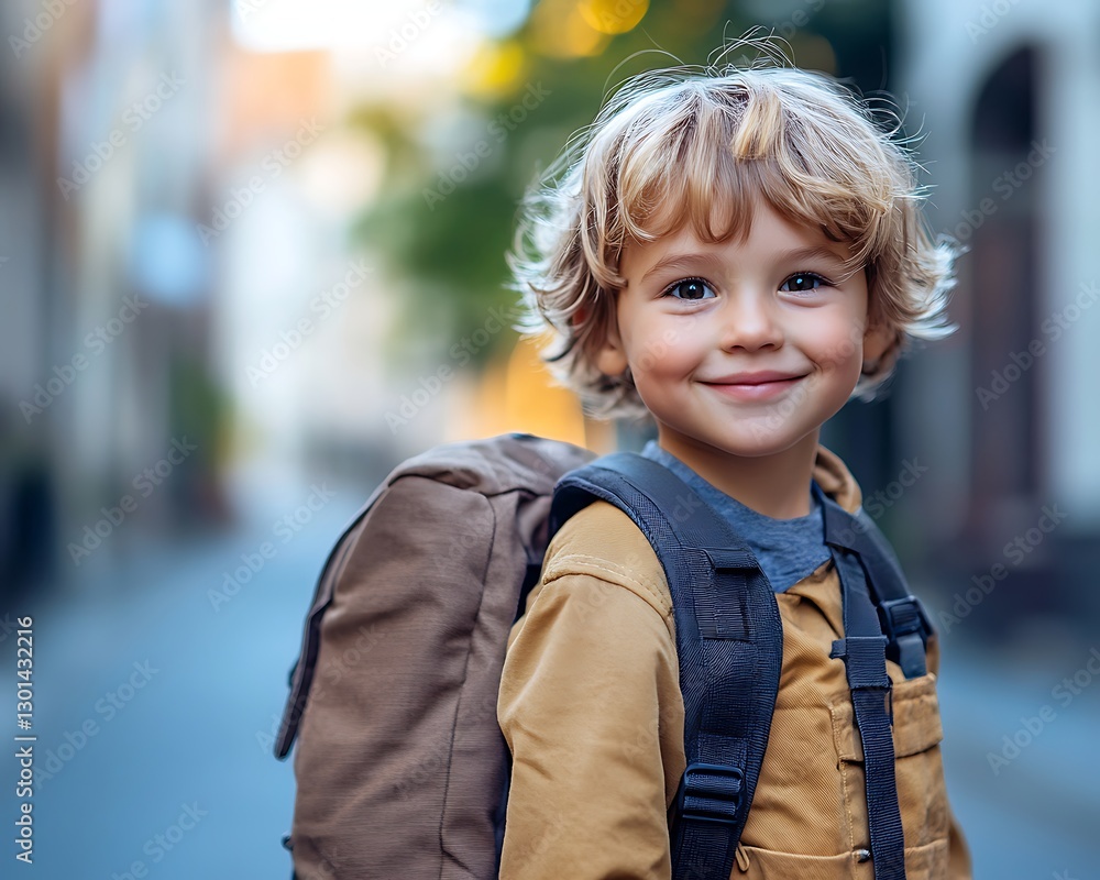 Boy with backpack smiles on a blurred city street Boy with backpack smiles on a blurred city street