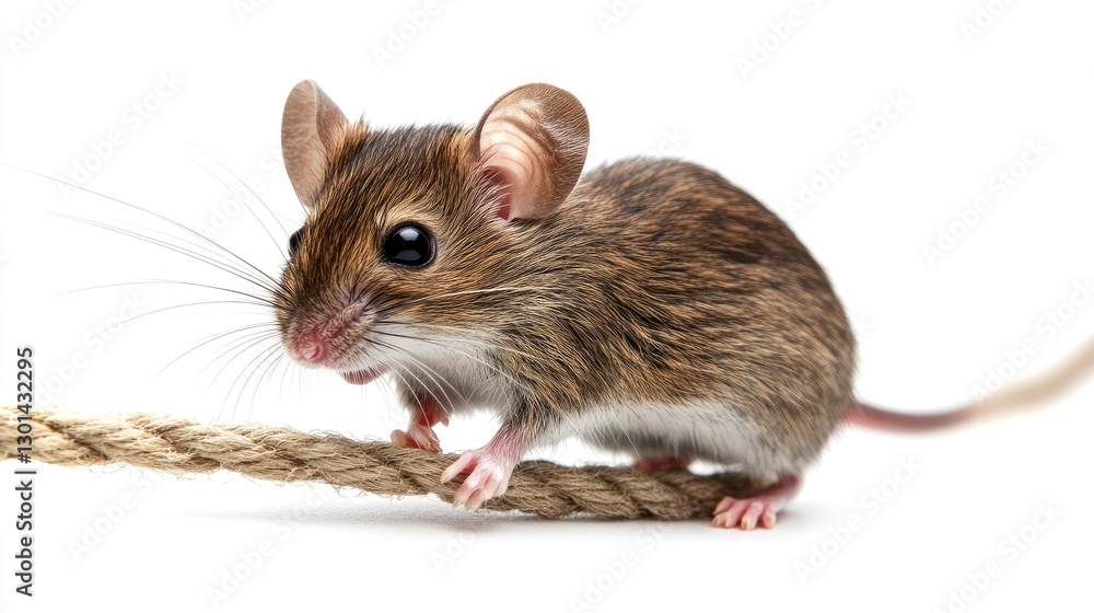 Curious Mouse Balancing on a Rope in a Studio Setting Curious Mouse Balancing on a Rope in a Studio Setting