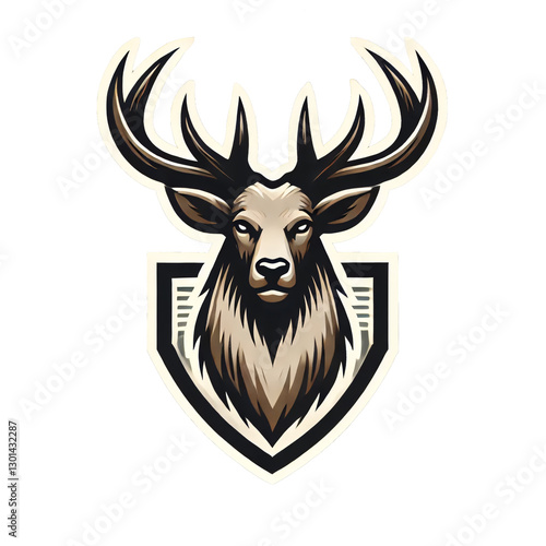 A bold and modern emblem featuring the head of an elk with large antlers, designed in a hunter-style aesthetic. The shield background adds a strong, protective feel, making it ideal for branding photo