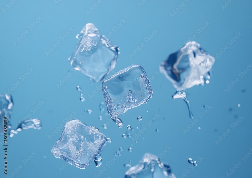 Fototapeta premium Falling ice cubes with water splashes on blue background.