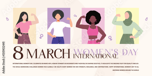 March 8 Women’s Day Banner & Post: 4 powerful women in a vibrant, empowering design. Perfect for social media & all types of projects. #March8 #WomensDay