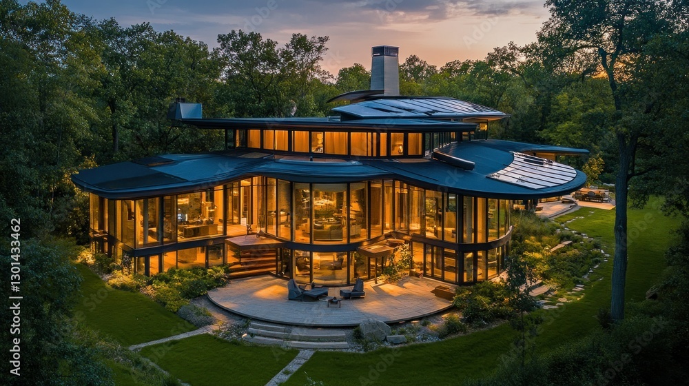 Fototapeta premium A modern residence surrounded by lush trees with illuminated interior lights
