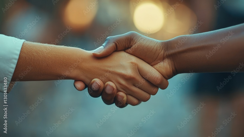 Two hands of different skin tones shake in a handshake, signifying agreement, cooperation, and partnership. Two hands of different skin tones shake in a handshake, signifying agreement, cooperation, and partnership.