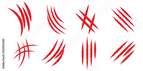 Animal Claw scratches icons set vector. Claws silhouette, claw marks. Set of red different claws scratches flat style, vector. Claw mark vector silhouette set. Claws beast ripped marks. EPS 10. 