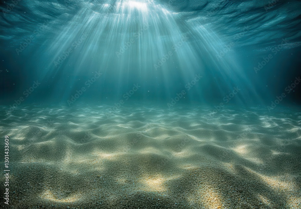 Ethereal Underwater Scene with Sunlight Rays Illuminating Ocean Floor and Creating Beautiful Patterns in Clear Blue Water Ethereal Underwater Scene with Sunlight Rays Illuminating Ocean Floor and Creating Beautiful Patterns in Clear Blue Water