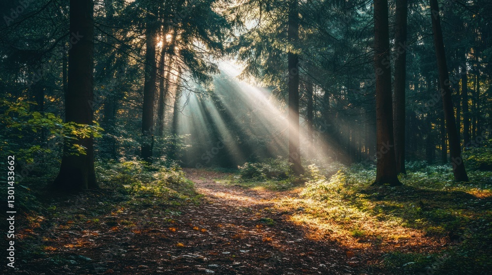Fototapeta premium Sunbeams illuminating a path winding through a beautiful green forest