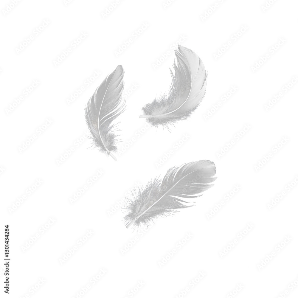 Obraz premium Set of isolated falling white fluffy twirled feathers on png transparent background, generate ai
