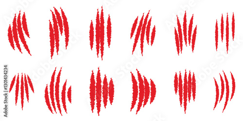 Claw scratches vector. Set of red different claws scratches flat style, Scratches from animal or wolverine, claws three black scratches. Animal claw scratch mark. Paper slash rip. Design eps 10.

