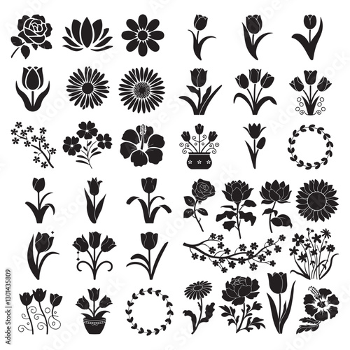 Flower icon set silhouettes, Abstract flower icon Flowers silhouette, vector images